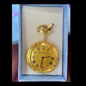 Vintage Andre Rivalle 17 Jewels Gold Pocket Watch w/ Gold Chain & Gift Box Works